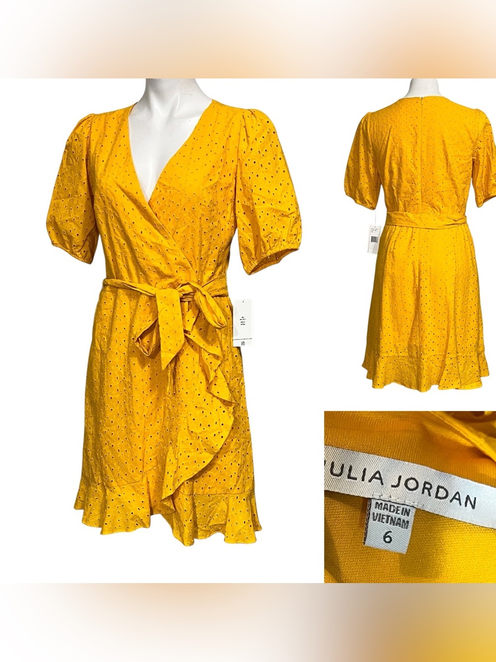 julia jordan dress sz 6 Yellow Eyelet faux Wrap short sleeve 100%‎ cotton